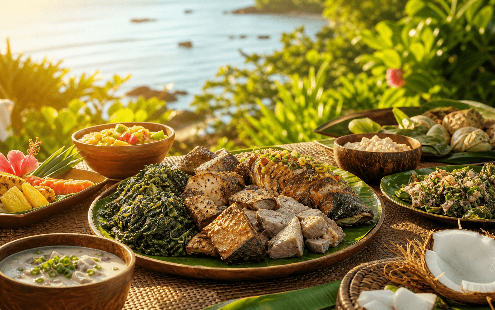 A tropical Polynesian feast with grilled fish, taro, coconut dishes, and fruit by the ocean